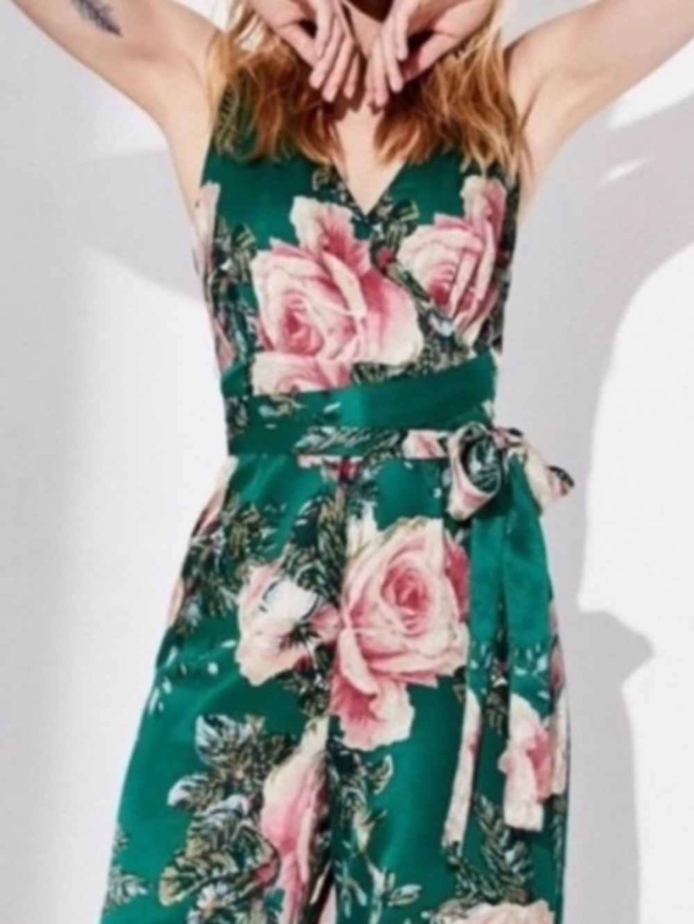 Free People Green Floral Satin Jumpsuit Sz 0